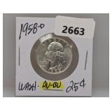1958-D AU/BU 90% Silv Wash Quarter