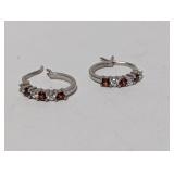 .925 Sterl Red/CZ Stone Hoop Earrings
