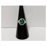 .925 Sterl Green Stone/CZ Halo Ring Sz 6