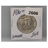 1936-D 90% Silv Walker Half $1 Dollar