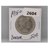 1915-D 90% Silv Barber Half $1 Dollar