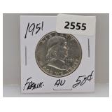 1951 90% Silv AU Franklin Half $1 Dollar