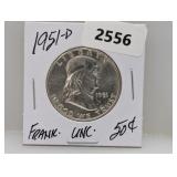 1951-D 90% Silv UNC Franklin Half $1 Dollar