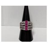 .925 Sterl Pink/Clear Stone Ring Sz 9