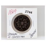 1869 Uruguay 4 Centesimos Bronze Coin
