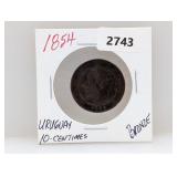 1854 Uruguay 10 Centimes Bronze Coin
