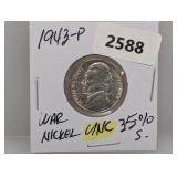 1943-P 35% Silv UNC War Nickel