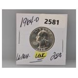1964-D 90% Silv UNC Wash Quarter