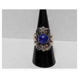.925 Sterl Blue Cabochon Stone Ring Sz 9