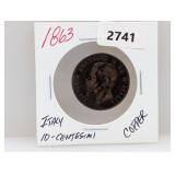 1863 Italy 10 Centesimi Copper Coin