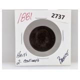 1881 Haiti 2 Centimes Bronze Coin