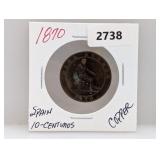 1870 Spain 10 Centimos Copper Coin