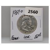 1957-D 90% Silv UNC Franklin Half $1 Dollar