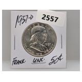 1957-D 90% Silv UNC Franklin Half $1 Dollar