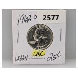 1962-D 90% Silv UNC Wash Quarter