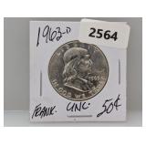 1963-D 90% Silv UNC Franklin Half $1 Dollar