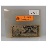 1896 Cuba 5 Centavos Banknote