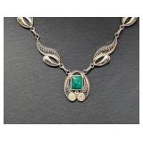 18' .925 Sterl Filigree Green Stone Necklace 14.7g