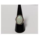 .925 Sterl Oval Green Marbled Stone Ring Sz 8.5