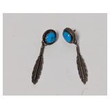 .925 Sterl Turquoise Earrings W/Feather