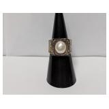 .925 Sterl Faux Pearl Hammered Finish Ring Sz 6.5