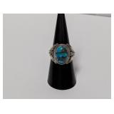 .925 Sterl Oval Turquoise Stone Ring Sz 8.5