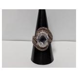 .925 Sterl Oval Clear Stone Swirl Ring Sz 9
