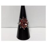 .925 Sterl Red Stone Cluster Ring w/Diam Accent