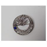 .925 Sterl Bird Filigree Brooch w/Blue Stone
