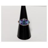 .925 Sterl Multicolor Geometric Inlay Ring Sz 7