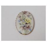 Vtg Oval Porcelain Painted Floral Brooch