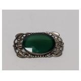 Art Deco Green Oval Cabochon Floral Brooch