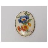 Vtg Oval Porcelain Painted Floral Brooch