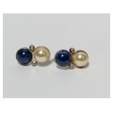 .925 Sterling Blue Stone Faux Pearl Earrings