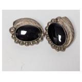 .925 Sterling Taxco Black Stone Clip On Earrings