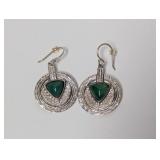 .925 Sterl Triangular Green Stone Earrings