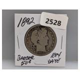 Key Date 1892 90% Silv Barber Half $1