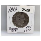 Key Date 1893 90% Silv Barber Half $1