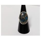 .925 Sterl Blue Gold Oval Stone Ring Sz 8