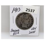 Key Date 1913 90% Silv Barber Half $1