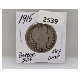 Key Date 1915 90% Silv Barber Half $1