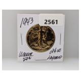 1943 24K Gold Layered 90% Silv Walker Half $1