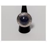 .925 Sterl Deep Blue Round Stone Ring Sz 8