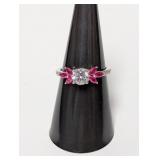 .925 Sterl Clear/Pink Stone Ring Sz 7