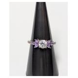 .925 Sterl Clear/Purple Stone Ring Sz 7.5