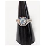 .925 Sterl Vtg Inspired Blue/Clear Stone Ring