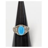 .925 Sterl Religious Blue Inlay Ring Sz 7
