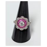 .925 Sterl Pink/CZ Stone Flower Ring Sz 9