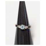 .925 Sterl Blue/Clear Three Stone Ring Sz 7