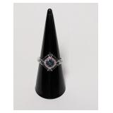 .925 Sterl Blue/Clear Diamond Ring Sz 7